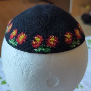 Hand Crafted Black Hat with Red and Green Embroidery